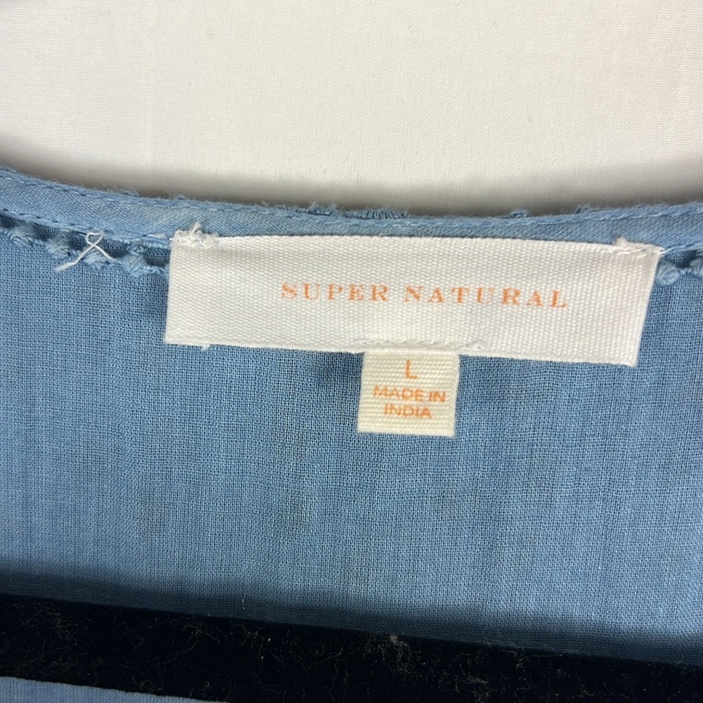 Super Natural Sz L Tiered Eyelet Dress V Neck Blue Ombre V Neck Puff Sleeves - Picture 4 of 13
